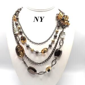 New York & Co. Multistrand Necklace, Animal Print Beads Side Floral Pendant, 20"